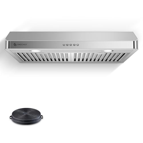 AMZCHEF Under Cabinet Range Hood 30 Inch, 750CFM Stainless Steel Kitchen Stove Vent Hood 3 Speed Exhaust Fan Button Control LED lights Dishwasher-Safe Baffle Filters Three Outlet Design
