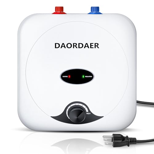 DAORDAER 110/120v 1.5kw Mini Tank Electric Water Heater 2.5 Gallon Compact Under Sink Water Heater Knob Temperature Adjustment Instant Hot Water Heater for Home Kitchen (White)