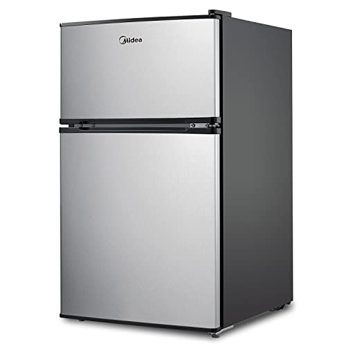 Midea WHD-113FSS1 Double Door Mini Fridge with Freezer for Bedroom Office with Adjustable Legs Removable Glass Shelves Compact Refrigerator, 3.1 cu ft, Stainless Steel