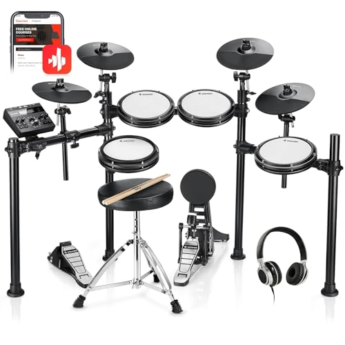 Donner DED-200 Electronic Drum Set, Electric Drum Kit with Quiet Mesh Drum Pads, 2 Cymbals w/Choke, 31 Kits and 450+ Sounds, Throne, Headphones, Sticks, USB MIDI, Melodics Lessons (5 Pads, 4 Cymbals)