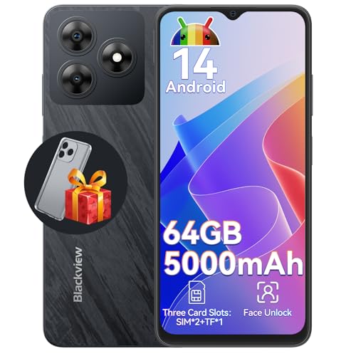 Cell Phone, Blackview Wave 8C Unlocked Cell Phones Canada, Android 14 Smartphone, 6GB+64GB SD 2TB Expand, 5000mAh Android Phone, 4G Dual SIM Phone, 3 Card Slots, 6.56" HD+, 3.5mm Jack, Face Unlock