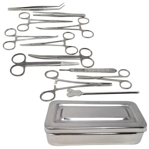 Medical Student Educational Training Kit 13-in-1 Stainless Steel Instruments Set Includes Forceps, Scissors, Scalpel Handle, Needle Holder, Dissecting Probe Together with an Instrument Box