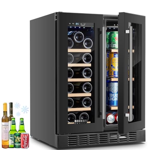 BODEGACOOLER 24 Inch Beveage Fridge, Dual Zone Wine and Beverage Refrigerator, Freestanding Wine Fridge, Under Counter Beverage Cooler With Glass Door, Hold 21 Bottles and 57 Cans, LED Light