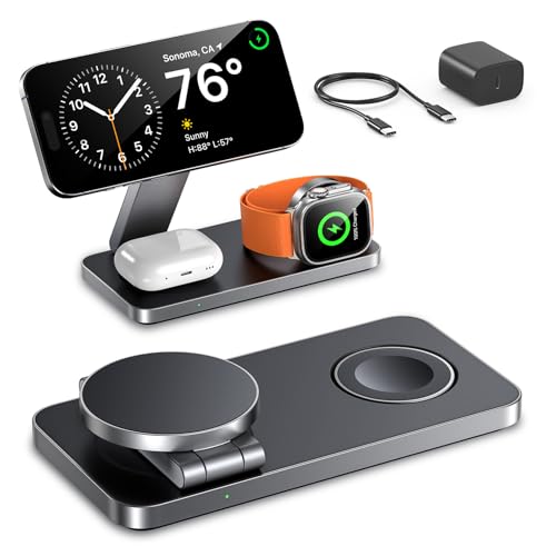 EXW Foldable 3 in 1 Wireless Charging Station for Apple Compatible with Mag Safe Charger Stand,Magnetic Wireless Charger Station for iPhone 16 15 14 13 12 Series,Airpods Pro,Apple Watch (All Black)