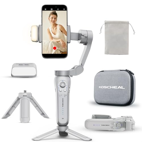 KOSCHEAL 3-Axis Smartphone Gimbal Stabilizer, Portable &amp; Foldable with Magnetic Fill Light, Upgrade Face/Object Tracking for iPhone/Android, YouTube Tiktok Vlogging Live Stream
