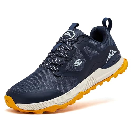 HOBIBEAR Men's Trail Running Shoes Lightweight Wide Toe Box Walking Shoes Breathable Non-Slip Trekking Sneakers Trailing Cross Training Shoes Hiking Outdoor Casual Workout Runner Navy