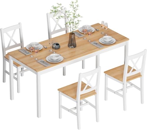 DlandHome 5-Piece Dining Table and Chairs,Dining Room Set with 1 Table and 4 Chairs for Home,Kitchen,Workstation,Teak&amp;White,New