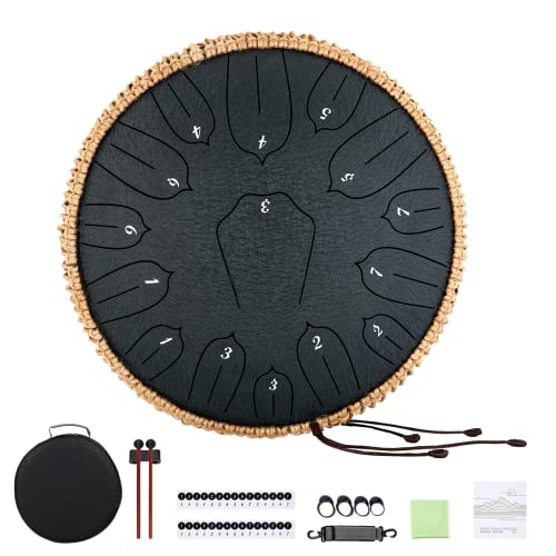 Musfunny Steel Tongue Drum 12 inch 15 Notes Handpan Drums D-Key Percussion Instrument with Music Book Bag Mallets Wiping Cloth for Musical Education Concert Yoga (Navy Blue)