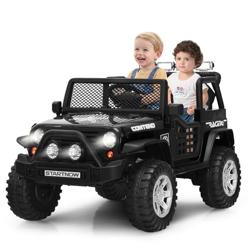Costzon Kids Ride on Truck, 12V Battery Powered Electric Vehicle w/ 2.4G Remote Control, 2 Speeds, Spring Suspension, LED Light, Horn, Music/ MP3/ Radio, 2 Doors Open, Ride on Car for Kids (Black)