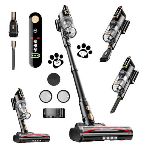 Cordless Vacuum Cleaner, 50 Mins Runtime Self-Standing Stick Vacuum Cleaners for Home, Anti-Tangle, Powerful Suction,LED Touch Screen 8 in 1 Vacuum for Pet Hair, Carpet, Hardwood Floor, Black