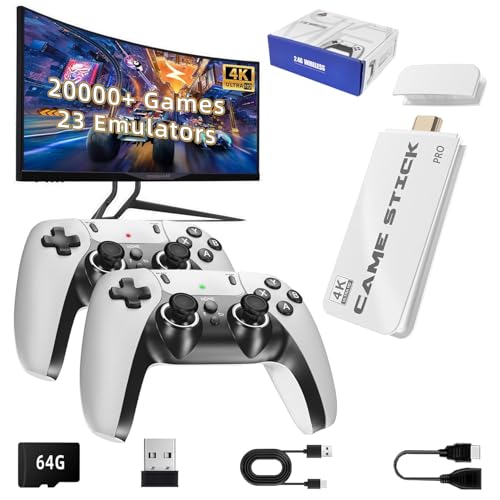 Wireless Retro Game Console Stick 4K，Retro Game Stick with Built-in 20+ Emulators, 20,000+ Games, Retro Game Emulators, Plug &amp; Play TV Video Games ( 64G White)