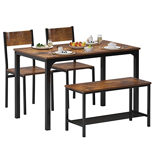 SDHYL Dining Table Set for 4, Kitchen Table and Chairs Set, 4 Pieces Set with Two Chairs and One Bench, Kitchen Table Set in Living Room, Kitchen Room, Dining Room, Rustic Brown