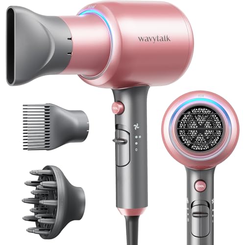 Wavytalk Ionic Hair Dryer with Diffuser and Concentrator, Lightweight Quiet Blow Dryer, Powerful 1875 Watt Motor for Smooth and Fast Drying Hair, Rose Pink