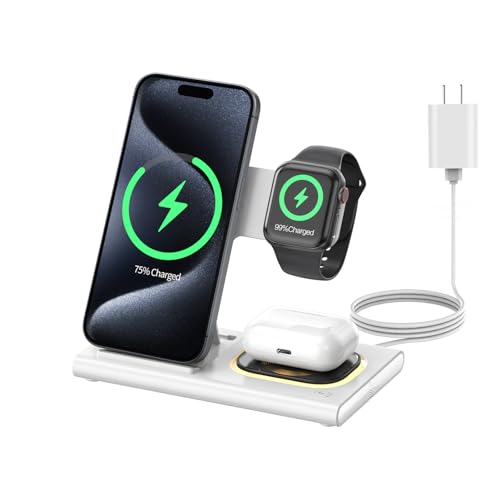 3 in 1 Foldable Charging Station for Apple Wireless Charger for iPhone 16 15 14 13 12 11 Series, Wireless Charging Station with Night Light for Apple Watch Charger for AirPods 4/3/2/Pro/Pro 2 (White)