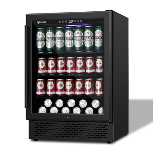 24 Inch Black Beverage Refrigerator Under Counter,190 Cans Beverage Fridge with Glass Door&amp;Lock, Built-in/Freestanding Beverage Cooler for Home Bedroom Bar or Office, Low Noise Compressor