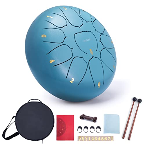 VixxNoxx Rain Drum for Outside Garden, 10 Inches 11 Notes Steel Tongue Drum Handpan Percussion Instrument for Yoga Meditation &amp; Sound Therapy, Adult Gift with Bag, Mallets &amp; Songbook (Moss Blue)