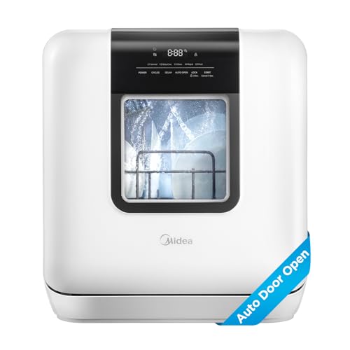 Midea Countertop Dishwasher Portable with 6L(1.59G) Built-in Water Tank, 5+2 Programs, Baby Care, Auto Door Open, Dual Drying System, Energy-Saving and Odor Removal, for Apartments, Dorms&amp; RVs, White