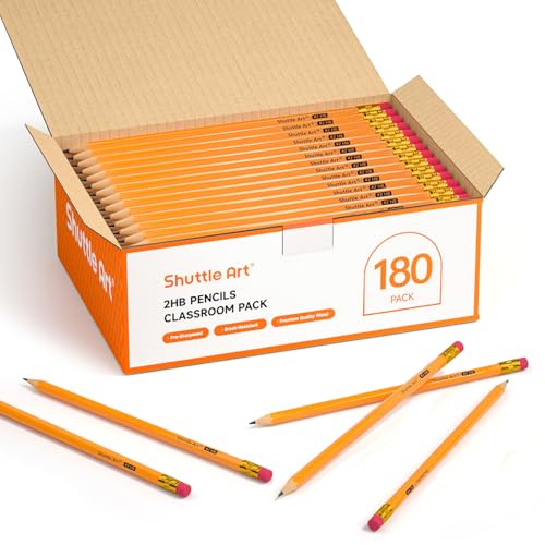 Shuttle Art Wood-Cased #2 HB Pencils, 180 Pack Sharpened Yellow Pencil with Erasers, Bulk Pack Graphite Pencils for School and Teacher Supplies, Writing, Drawing and Sketching