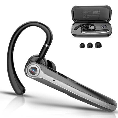 Bluetooth Headset, Wireless Bluetooth Earpiece with ENC Noise Canceling Mic, 120Hrs Talk Single-Ear Headphones, LED Display, IP7 Waterproof Hand-Free Earphone for Business/Trucker/Driver, Black
