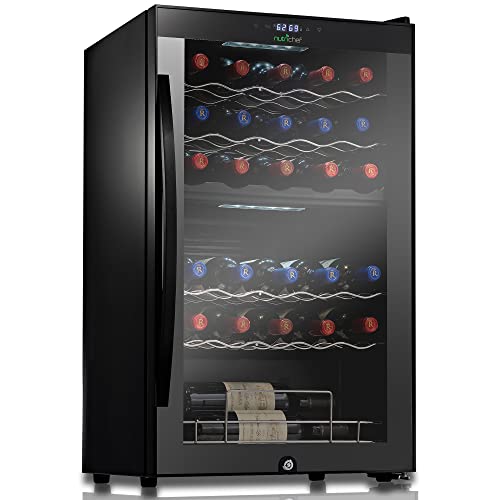NutriChef Wine Fridge- 33 Bottle Wine Cooler Refrigerator, Freestanding Wine Cellar, Red &amp; White Wine Chiller, Dual Zone Digital Temp. Control- Black