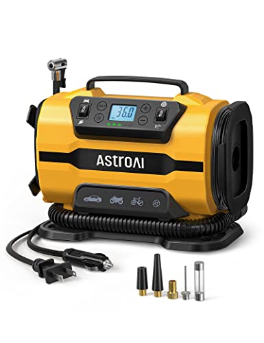 AstroAI Tire Inflator Portable Air Compressor Pump 150PSI 12V DC/110V AC with Dual Metal Motors &amp;LED Light， Automotive Car Accessories&amp;Two Mode for car, Bicycle Tires and air mattresses, Yellow