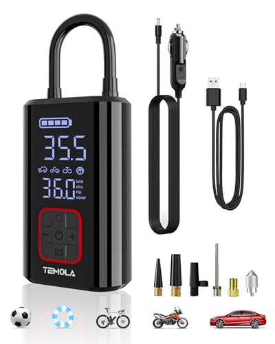 TEMOLA Tire Inflator Portable Air Compressor, 150PSI Car Tire Pump with Digital Pressure Gauge, 12V DC Rechargeable Air Pump Cordless with Auto Off, LED Light Car Accessories for Bicycle, Balls