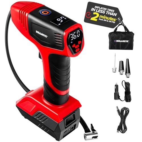 Bullseye Pro Tire Inflator Portable Air Compressor, Car Tire Inflator Portable, Portable Air Pump for Car Tires - 150PSI, 12V DC 1500 mAhs with Tire Pressure Gauge, Rechargeable As Seen On TV (Red)