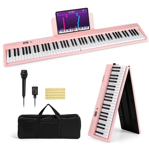 Costzon 88-Key Folding Piano Keyboard, Full-Size Semi-Weighted Electric Piano Digital Piano w/MIDI, Microphone, Music Stand &amp; Carrying Bag, Portable Keyboard Piano for Beginners Teens Adults (Pink)