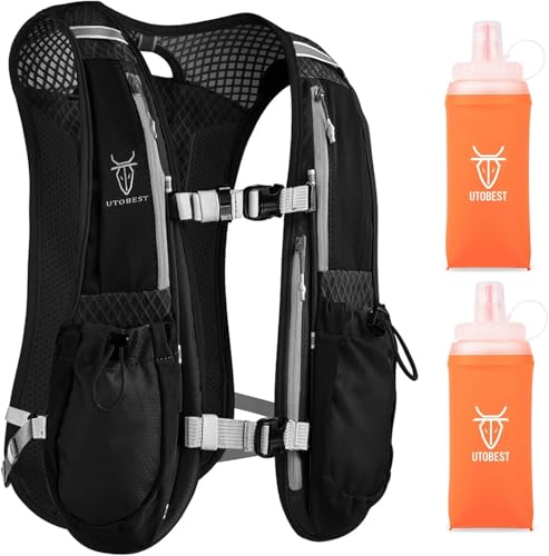 UTOBEST Running Vest 5L Hydration Vest Lightweight, Backpack with 2 Soft Flasks 350 ml, Adjustable for Trail Running Marathon Race Jogging Cycling Black