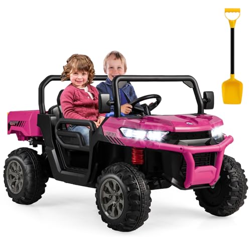 Costzon 24V Ride on Car, 2-Seater Electric Dump Truck w/Remote Control, Dump Bed &amp; Shovel, 4 Spring Suspensions, Kids UTV w/Dual RPM20000 Motors, Music, Wireless Design, Electric Car for Kids (Pink)
