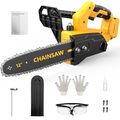 12-inch Cordless Chainsaw for Dewalt 20V Battery, Oil Lubrication System, Security Lock - Handheld Electric Chainsaw for Wood Cutting, Tree Trimming (Batteries and Charger not Included.)