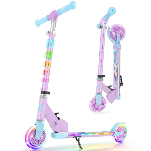 BELEEV V3 Scooters for Kids with Light-Up Stem &amp; Deck &amp; Wheels, 2 Wheel Folding Scooter Ages 3-12, 4 Adjustable Height, Non-Slip Pattern Deck, Lightweight Kick Scooter with Kickstand for Girls Boys