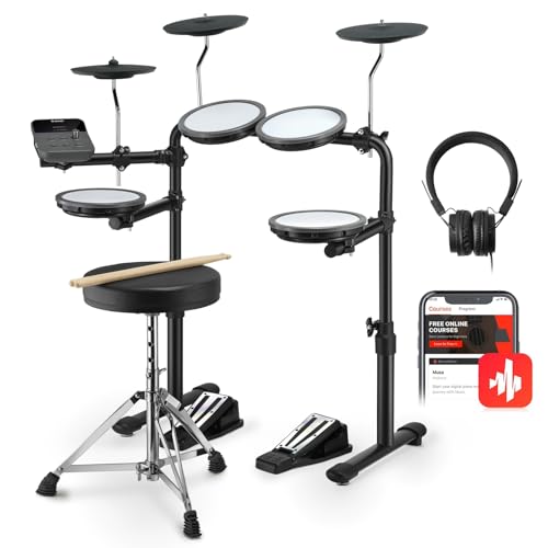 Donner DED-70 Electric Drum Set, Quiet Electronic Drum Kit for Beginner with Mesh Pad, Portable Drum Set Support Portable Charger Supply, Drum Throne, Sticks Headphone, Kids Christmas Birthday