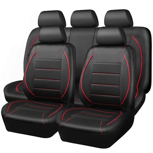 CAR PASS Universal FIT Piping Leather Car Seat Cover, for suvs,Van,Trucks,Airbag Compatible,Inside Zipper Design and Reserved Opening Holes (Full seat Covers, Black and red Color)