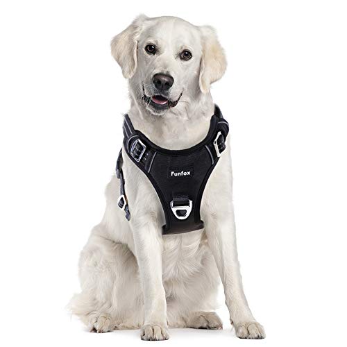 Funfox Dog Harnesses for Large Dogs, No Pull Adjustable Pet Vest 2 Clips with Sturdy Handle Control, Anti Pull Chest Harness Night Reflection Daily Walking for Small/Large Breed Dog, Black