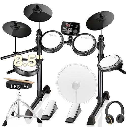 Fesley FED150W Electric Drum Set: Dual Zone Snare Drum,2 Cymbals w/Choke, 200 Sounds, 4 Quiet Mesh Drum Pads, Portable Electronic Drum Kit for Beginner, Bluetooth, MIDI, Throne, Headphone, Sticks