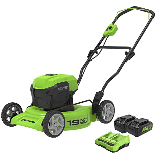 Greenworks 2 x 24V (48V) 19-Inch Brushless Push Lawn Mower, (2) 24V 4Ah Batteries and Charger Included, Green&amp;Black, LME476