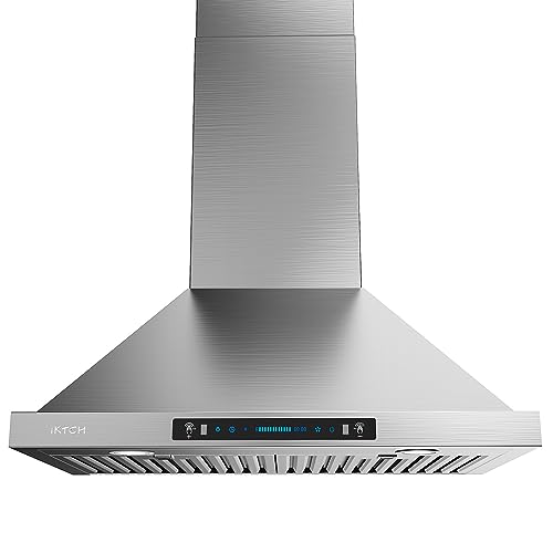 IKTCH 30-inch Wall Mount Range Hood 900 CFM Ducted/Ductless Convertible, Kitchen Chimney Vent Stainless Steel with Gesture Sensing &amp; Touch Control Switch Panel, 2 Pcs Adjustable Lights(IKP02-30'')