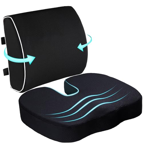 Seat Cushion and Lumbar Support Pillow for Office Chair-Gel Infused,Coccyx Orthopedic Car Seat Cushion Memory Foam Back Support Cushion for Lower Back,Tailbone &amp; Sciatica（Black）
