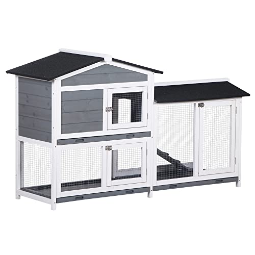 PawHut 2-Tier Wood Rabbit Hutch Backyard Bunny Cage Small Animal House w/Ramp and Outdoor Run, Grey