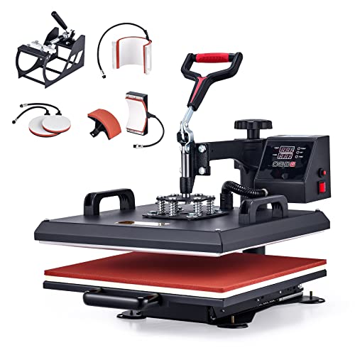 CREWORKS 15x15 Inch Heat Press Machine, 5 in 1 Swing Away Heat Transfer Machine with Mug Attachment Plate Press &amp; Cap Press, 38x38 cm Mug Hat Cap T Shirt Printing Machine for Home with Adjustment Knob