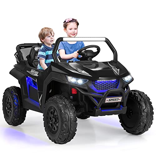 Costzon 2-Seater Ride on Car, 12V Kids' Electric Vehicles w/Remote Control, 4 Shock Absorbers, Wireless Music &amp; FM, 3 Speeds, Ambiance Lights, Electric UTV, Kids Car for Boys Girls (Black)