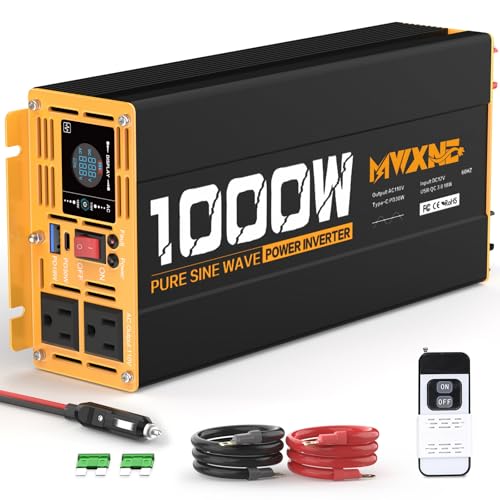 MWXNE 1000W Pure Sine Wave Power Inverter 12V DC to 110V 120V AC Converter with 2 AC Outlets, QC3.0/PD30W Fast Charging USB Ports, LCD Display and Remote Control, Car Inverter Adapter for Vehicles