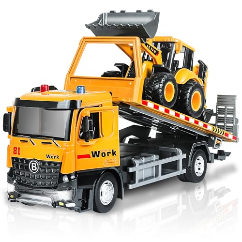 ID Gerilla Tow Truck Toy Metal Cab, Flatbed Tow Truck Toys for Boys Age 3-5 with Backhoe Loader, Friction Powered Transport Trailers with Lights, Sounds, Construction Vehicles for Kids Birthday
