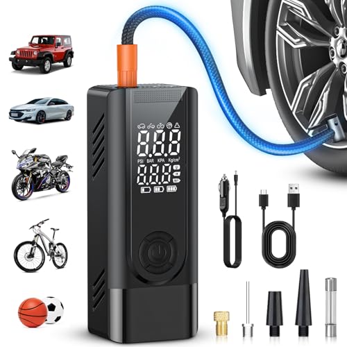 Tire Inflator Portable Air Compressor, Cordless Battery Powered and 12V DC Dual Power Air Pump for Car Tires, 150PSI Electric Bike Tire Pump with Pressure Gauge, LED Light for Car, Bike, Motor, Balls