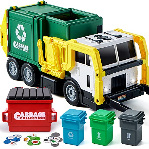 JOYIN 16" Large Garbage Truck Toys for Boys, Realistic Trash Truck Toy with Trash Can Lifter and Dumping Function, Garbage Sorting Cards for Preschoolers, Toy Gift for Boy Age 3 4 5 Years Old