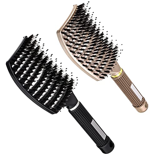 Chef Vinny 2 Pack Boar Bristle Hair Brush, Curved and Vented Detangling Hair Brush for Women Long, Thick, Thin, Curly &amp; Tangled Hair Vent Brush Paddle Brush