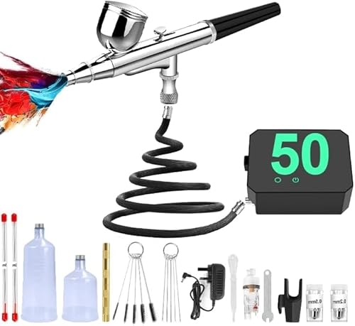 Airbrush Kit with Compressor - 50PSI High-Pressure Portable Air Brush with 0.2/0.3/0.5mm Nozzle, Non-Clogging Spray Gun with Cleaning Brush for Painting Model Barber Cake