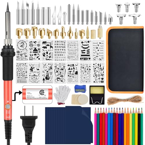 Wood Burning Kit, 110 pcs Pyrography Pen Set with Adjustable Temperature, Embossing/Carving/Soldering Tips/Stencils/Color Pencils/Carbon/Holder/Carrying Case/Wood Board/Gloves