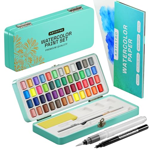 ARTISTRO Watercolor Paint Set, Vivid Colors in Portable Box, Palette set, Including Metallic and Fluorescent Colors. Perfect Travel Watercolor Set for Artists, Amateur Hobbyists and Painting
